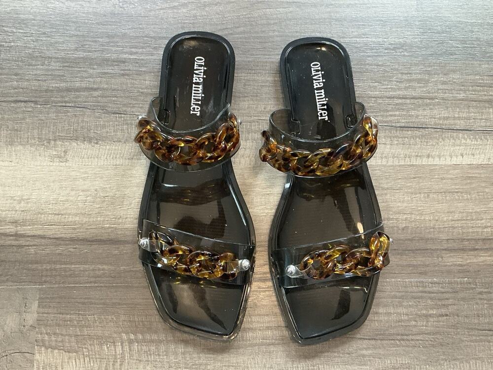 Olivia Miller Black Brown Tortoise Shell Chain Slide Jelly Slip On Sandal 8 Edgy